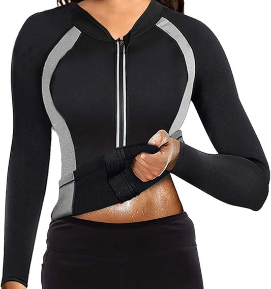 NonEcho Women Sauna Suit Waist Trainer Jacket Hot Sweat Top Neoprene Body Shaper Workout Suit Running Cycling Jersey Black