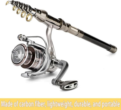 Fishing Rod Telescopic Carbon Fiber Rod Combo with Spinning Reel Portable Tackle Case Fishing Line Artificial Baits and Hooks for Travel Saltwater Freshwater Fishing
