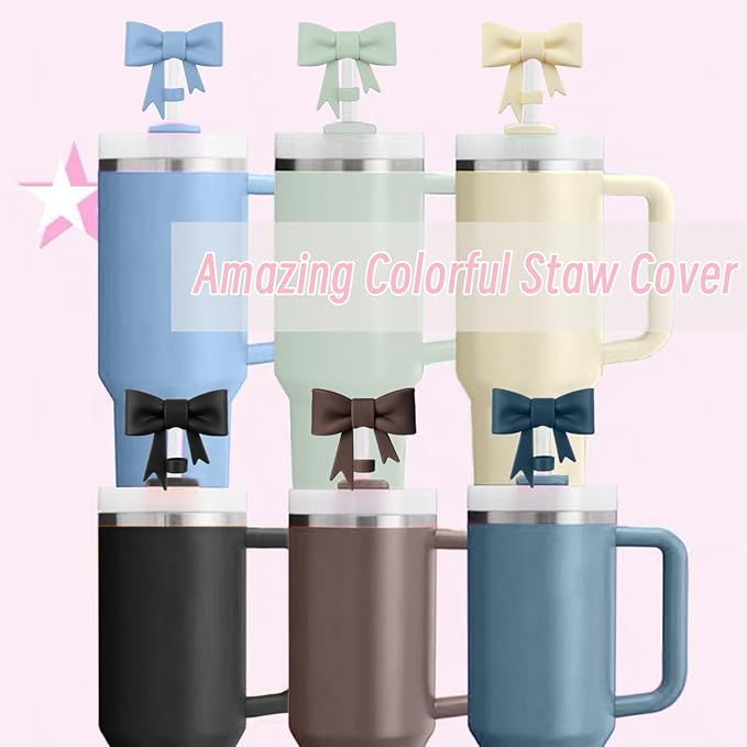 6Pcs Silicone Straw Toppers Covers for Stanley Cups 40/30oz 10mm(0.4in) Dust-Proof Bow Straw Covers Toppers Suitbale for Stanley Cup Accessories Reusable Straws Caps (Colorful F)