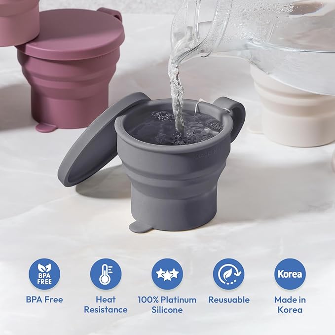 carrotez 2 pack Mini Silicone Collapsible Travel Cup for Camping, Hiking, Backpacking, and Picnics, 6 oz, Reusable, Food-grade, BPA- Free, Lightweight, Unbreakable, Portable, Small - Modern Grey