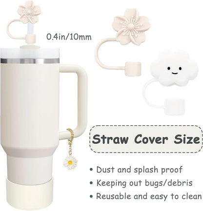 Stanley Cup Accessories Set,Including 2 Pcs 0.4in Straw Cover, 1 Silicone Spill-Proof Stopper Set of 3, 1 Cute Flower Handle Charm, 1 Silicone Boot Fits Stanley 40&30 Oz Tumbler (Cream)