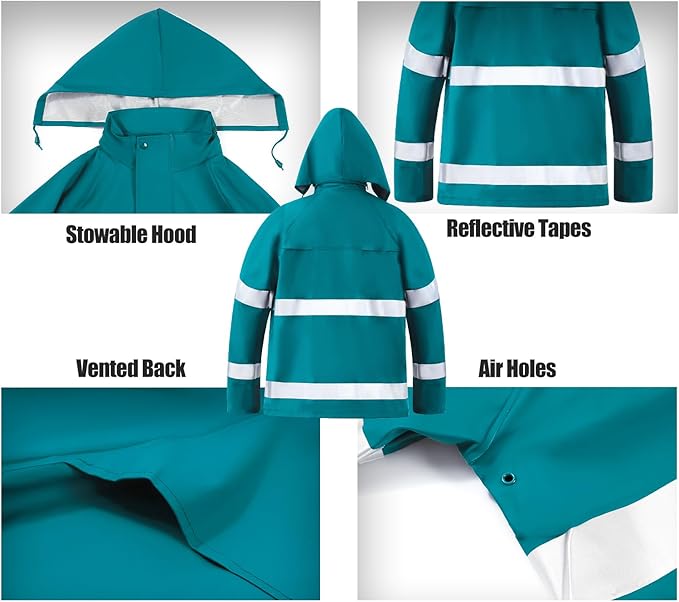 RainRider Rain Suits for Men Women Waterproof Reflective Rain Coat and Bib Pants for Safety Heavy Duty Rain Gear Fishing