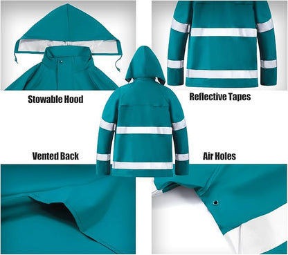 RainRider Rain Suits for Men Women Waterproof Reflective Rain Coat and Bib Pants for Safety Heavy Duty Rain Gear Fishing