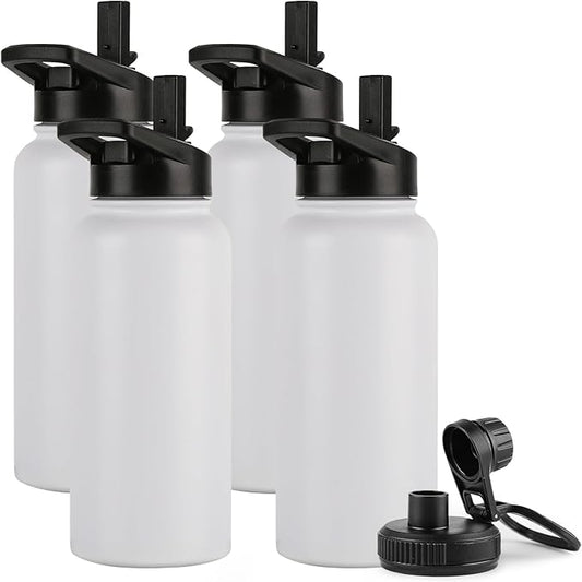 DOMICARE 32 oz Insulated Water Bottle Bulk, Vacuum Insulated Stainless Steel Sports Water Bottle with Straw Lid & Spout Lid, Leakproof, Reusable - Travel, Camping, Bike, White (4 Pack)