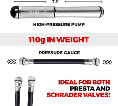 PRO Bike Tool Mini Bike Pump Premium Edition - Fits Presta and Schrader valves - High Pressure PSI - Bicycle Tyre Pump for Road and Mountain Bikes