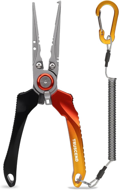 TRUSCEND Lockable Handy Fishing Pliers with Innovative Ergonomic Handle, Saltwater Corrosion Resistant Teflon Coated Fishing Tool, Multi-Function Fishing Gear with Mo-V Cutter
