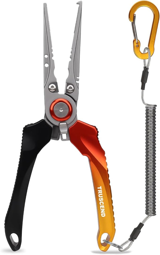 TRUSCEND Lockable Handy Fishing Pliers with Innovative Ergonomic Handle, Saltwater Corrosion Resistant Teflon Coated Fishing Tool, Multi-Function Fishing Gear with Mo-V Cutter