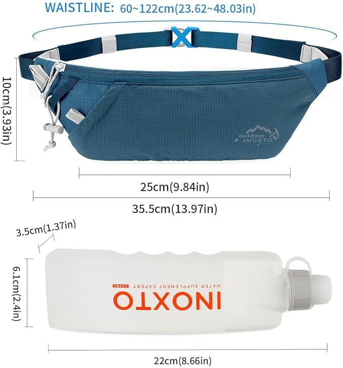 INOXTO Slim Running Belt Fanny Pack for Women and Men Sports Waist Bag Pack with 300ml Water Bottle for Running Walking Cycling Hiking Reflective Running Pouch Belt for All Phones (Dack Blue)