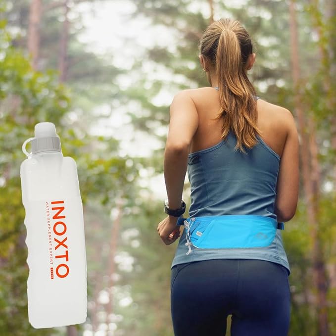 INOXTO Slim Running Belt Fanny Pack for Women and Men Sports Waist Bag Pack with 300ml Water Bottle for Running Walking Cycling Hiking Reflective Running Pouch Belt for All Phones (Blue)