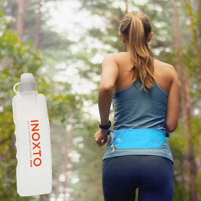 INOXTO Slim Running Belt Fanny Pack for Women and Men Sports Waist Bag Pack with 300ml Water Bottle for Running Walking Cycling Hiking Reflective Running Pouch Belt for All Phones (Blue)