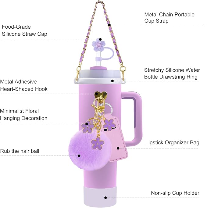 Velaco 11 PCS Accessories for Stanley Cup, Water Bottle Handle Strap for Stanley 30/40 oz tumbler with handle, including Straw Toppers, Silicone Cup Boot, Keychain Charms - Purple