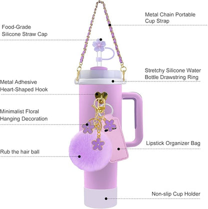 Velaco 11 PCS Accessories for Stanley Cup, Water Bottle Handle Strap for Stanley 30/40 oz tumbler with handle, including Straw Toppers, Silicone Cup Boot, Keychain Charms - Purple