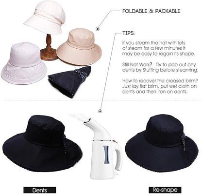 Comhats Packable Summer Cotton Sun Hat Bucket for Women UV Protection Wide Brim Beach Gardening Travel 54-64CM