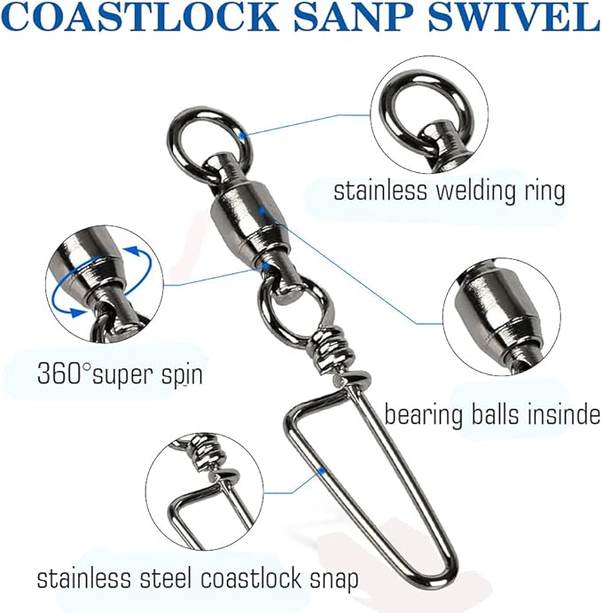 AMYSPORTS Saltwater Connector Fishing Snap Swivel High Strength Snaps Swivel Freshwater Ball Bearing Fishing Swivels Stainless Steel Corrosion Resistant Black Nickel