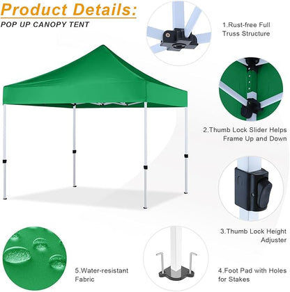 10x10 Pop Up Canopy Tent for Outdoor Commercial Instant Sun Shelter,Kelly Green