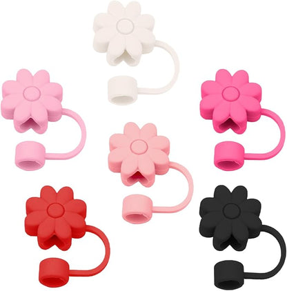 6PCS Silicone Straw Covers Toppers for Stanley Cups 30&40 Oz Tumbler Accessories Flower Straw Caps Pink Black Dust-Proof Reusable Straws Tips Protectors for Stanley Cup 10mm 0.4in Straws