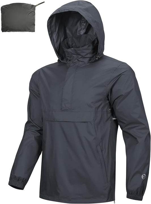 Outdoor Ventures Men's Rain Jacket Waterproof Lightweight Packable Rain Pullover for Hiking Golf Running