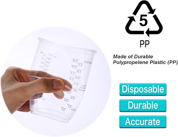 XUXU 50pcs 8oz Graduated Clear Plastic Measuring Cups with Wooden Stirring Sticks for Mixing Paint, Pigments, Epoxy Resins, Resins