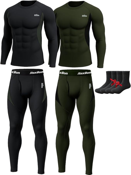 2 Pack Thermal Underwear Long Johns for Men Fleece Lined Base Layer Tops and Bottoms Set Cold Weather Winter Gear