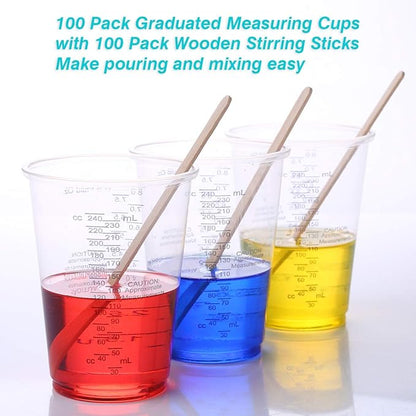 XUXU 100pcs 8oz Graduated Clear Plastic Measuring Cups with 100pcs Wooden Stirring Sticks for Mixing Paint, Pigments, Epoxy Resins, Resins