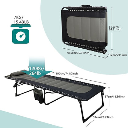 Outdoor Folding Lounge Chair Padded for Adults 264Ibs Patio Chaise Lounge Chair for Outside 5-Position Adjustable Reclining Beach Chair with Pillow Pocket