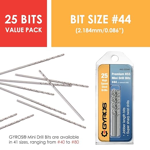 GYROS 25 PCS #44 Micro Drill Bit Set – Small Drill Bits for Jewelry, Plastic, Resin, & Soft Metal – High-Speed Steel Wire Gauge Mini Twist Drill Bit Set for Pin Vise Hand Drill & Rotary Tool