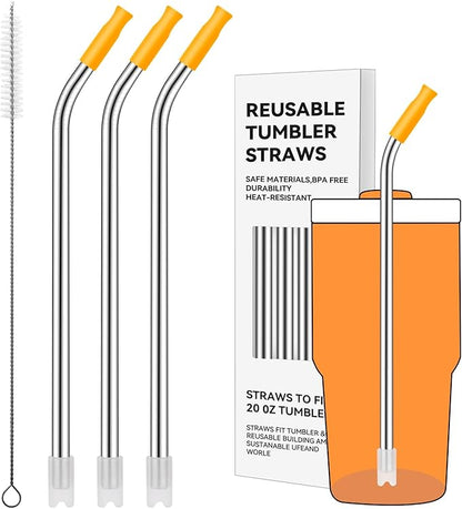 Reusable Metal Straws with Silicone Tip for Stanley 20oz,Stainless Steel Drinking Straws for 20oz Tumbler,3 Bent Tubes & 6 Tips& 1 Cleanr Brush(Goldenrod)