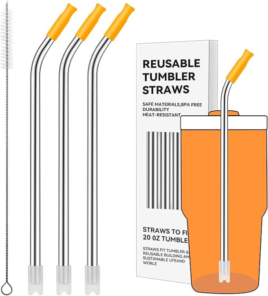Reusable Metal Straws with Silicone Tip for Stanley 20oz,Stainless Steel Drinking Straws for 20oz Tumbler,3 Bent Tubes & 6 Tips& 1 Cleanr Brush(Goldenrod)
