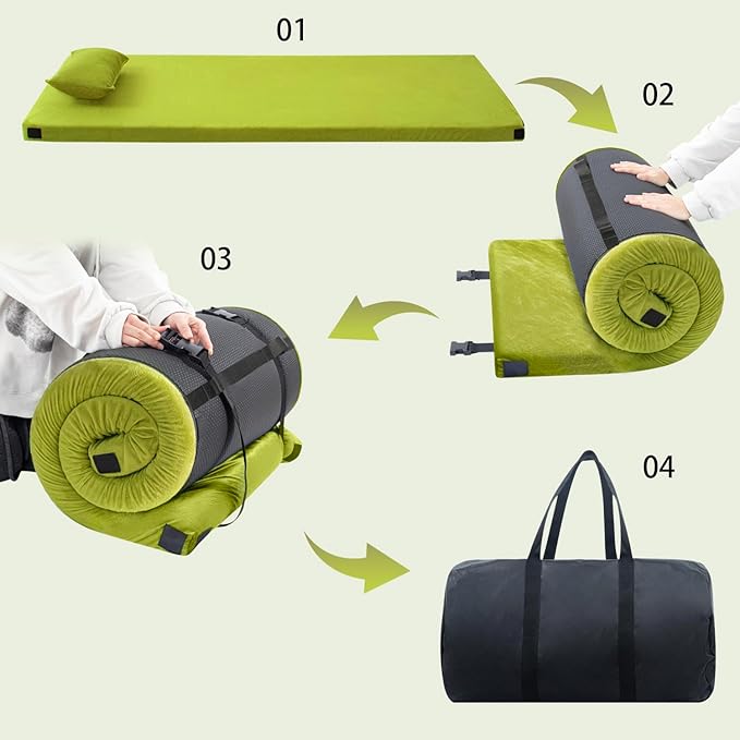 Sleeping Pad,3-inch Thick Memory Foam Camping Mattress,Portable Roll-Up Mat for Car/Tent/Floor/Cot/Travel,Comfortable Pad for Guests Sleepover