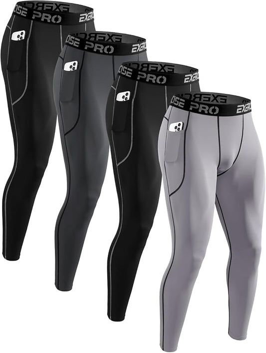 4 Pack Men’s Compression Pants Running Tights Workout Leggings for Men Athletic Base Layer Bottoms with Pockets