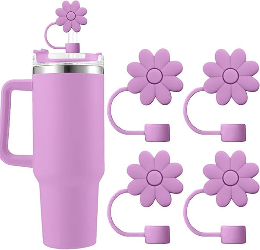 4PCS Silicone Straw Covers Toppers for Stanley Cups 30&40 Oz Tumbler Accessories Flower Straw Caps Purple Red Dust-Proof Reusable Straws Tips Protectors for Stanley Cup 10mm 0.4in Straws