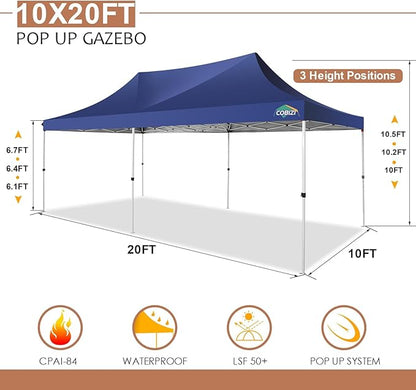 COBIZI 10x20 Pop Up Canopy Tent with Sidewalls,Party Tent Outdoor Gazebos, Waterproof & UV50+,3 Adjustable Heights,Higher Frame Design - Extra Tall for Parties Backyard,Weddings,Markets,(Dark Blue)