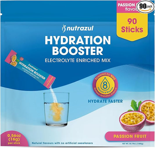 nutrazul Hydration Booster, Electrolytes Powder Sticks with Sodium, Potassium, Vitamin B6 & B12, No Artificial Sweeteners, Passion Fruit Flavor, 90 Sticks