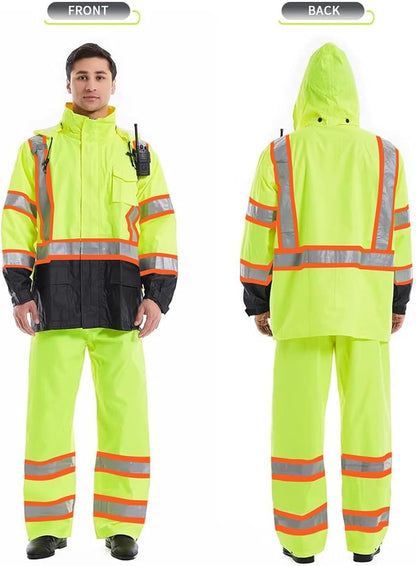 SKSAFETY Hi Vis Reflective Rain suits for Men Waterproof - High Vis Safety Rain Jacket, High Visibility Raincoat for Men