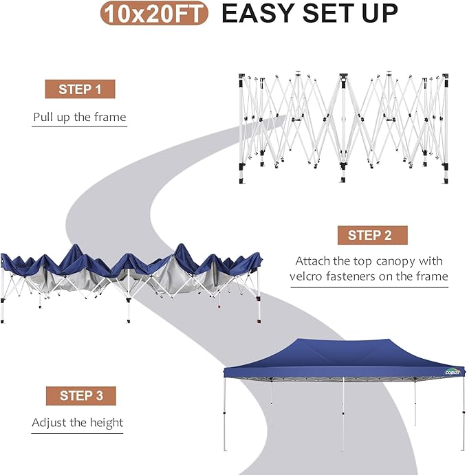 COBIZI 10x20 Pop Up Canopy Tent with Sidewalls,Party Tent Outdoor Gazebos, Waterproof & UV50+,3 Adjustable Heights,Higher Frame Design - Extra Tall for Parties Backyard,Weddings,Markets,(Dark Blue)