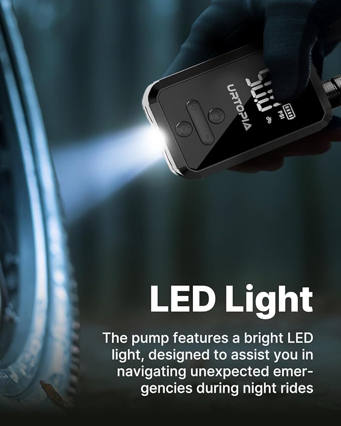 URTOPIA Electric Bike Pump, Fast Inflation Air Pump with Gauge, Up to 150PSI, Efficient Heat Dissipation, Rechargeable, with Bright LED Light, Portable Bicycle Pump for Road Bike, Motorcycle, Ball