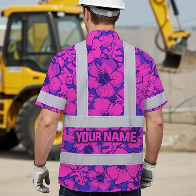 High Visibility Hawaiian Shirt for Men Tropical Shirts Custom Name Floral Outfit Reflective Safety Workwear