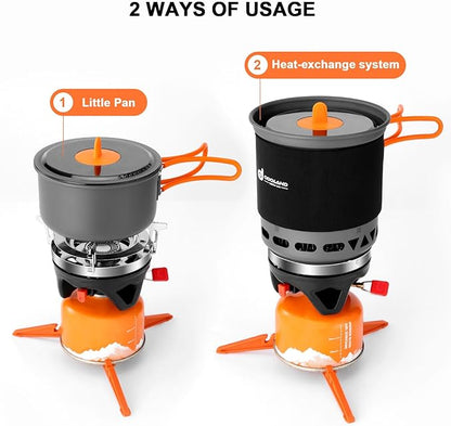 Odoland Heat Exchange Camping Pot with Backpacking Stove 7-In-1 Camping Cookware Mess Kit for Hiking, Trekking, Fishing and Picnic