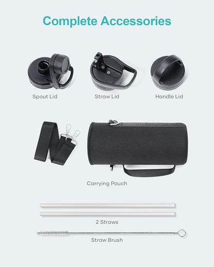 BUZIO 40 oz Water Bottle Insulated with Straw & 3 lid and Carrying Pouch, Leak Proof Anti-Slip Stainless Steel Water Flask Jug, Cold for 48 Hrs Double Vacuum Thermo Canteen, BPA-Free, Starry Pacific