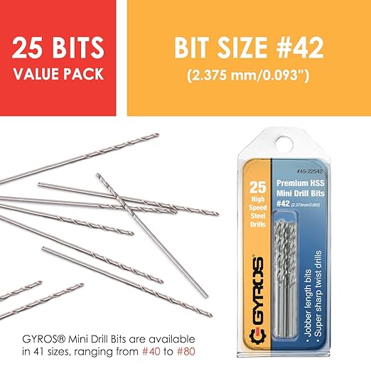 GYROS 25 PCS #42 Micro Drill Bit Set – Small Drill Bits for Jewelry, Plastic, Resin, & Soft Metal – High-Speed Steel Wire Gauge Mini Twist Drill Bit Set for Pin Vise Hand Drill & Rotary Tool