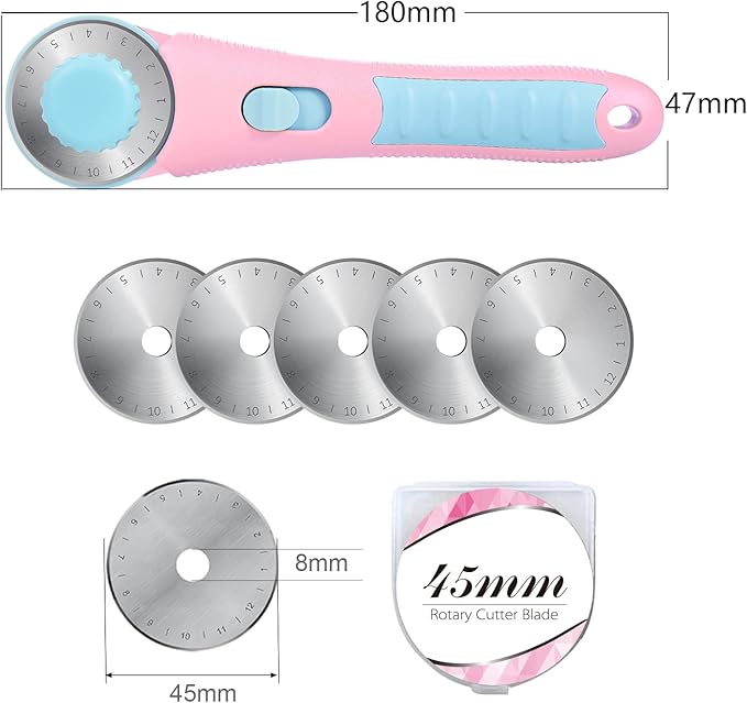 Headley Tools Rotary Cutter with 5pcs 45mm Rotary Blade, Bearing Design Rolling Cutter with Safety Lock for Fabric Sewing Quilting Cloth Leather Paper and Arts & Crafts(Pink)