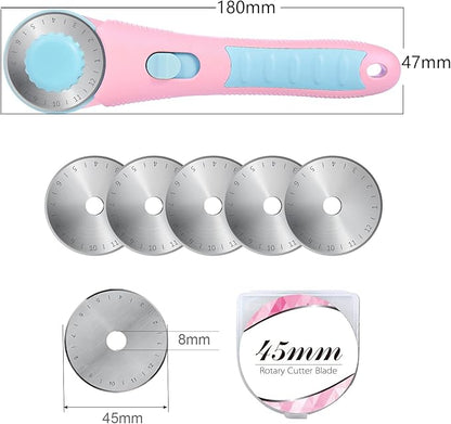 Headley Tools Rotary Cutter with 5pcs 45mm Rotary Blade, Bearing Design Rolling Cutter with Safety Lock for Fabric Sewing Quilting Cloth Leather Paper and Arts & Crafts(Pink)