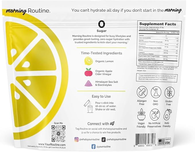 ROUTINE Morning Daily Hydration | Electrolyte Powder Packets with Apple Cider Vinegar, Lemon, and Sea Salt | Keto & Paleo-Friendly Electrolyte Drink Mix (90 Pack)