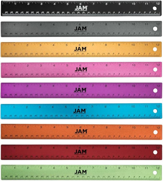 JAM PAPER Strong Aluminum Rulers - 12 Inch - Metal Rulers with Non-Skid Cork Backing - All Colors Assortment - 9/Pack