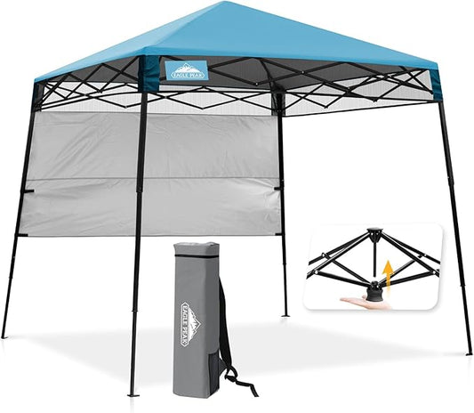 EAGLE PEAK 8x8 Pop Up Canopy Tent with Sidewall, Compact, Portable Slant Leg Instant Sun Shelter for Beach, Sports, & Camping, 8x8 Base 6x6 Top, Light Blue
