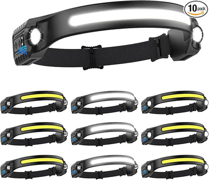 Headlamp Rechargeable 10Pack, 230° Wide Beam Head Lamp with 2 Spotlights, LED Headlamp with Motion Sensor, 5Mode Rechargeable Headlamp, Head Lights for Forehead, Headlamps for Adults Running Hard Hat