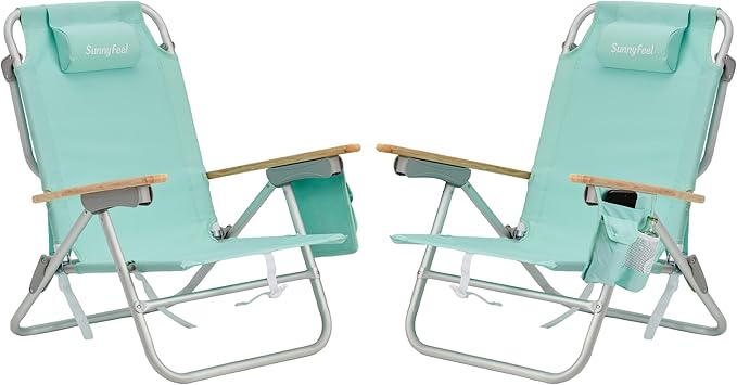 SUNNYFEEL Low Back Folding Beach Chair, Aluminum Heavy Duty Beach Chair with 3 Reclining Position, Portable Camping Chair for Adults with Wood Armrest, Lightweight Camping Chair 300lbs, Green, 2 Pack