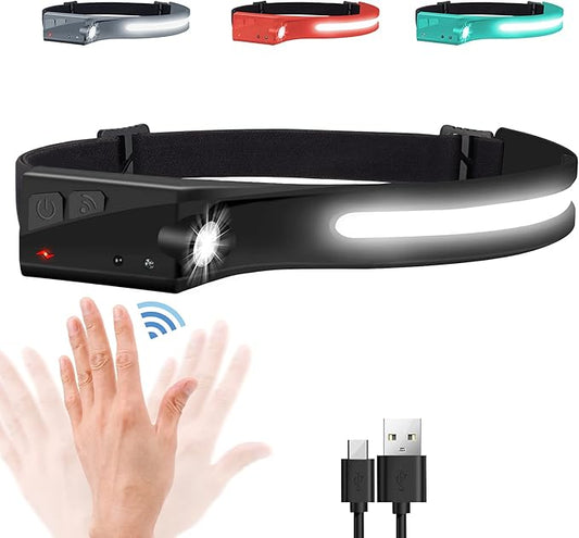 EGUKU Headlamp Rechargeable, Rechargeable LED Headlamps 1200Lumens 2 COB 230°Wide Beam Headlight with Motion Sensor Bright 5 Modes Lightweight Waterproof Head Lamp for Outdoor Running, Camping Hiking