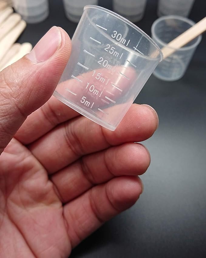 100 Pack 1oz/30ml Plastic Graduated Cups Transparent Scale Cups with 50 Pack Wooden Stirring Sticks for Mixing Paint, Stain, Epoxy, Resin