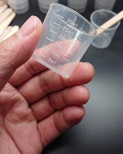 100 Pack 1oz/30ml Plastic Graduated Cups Transparent Scale Cups with 50 Pack Wooden Stirring Sticks for Mixing Paint, Stain, Epoxy, Resin